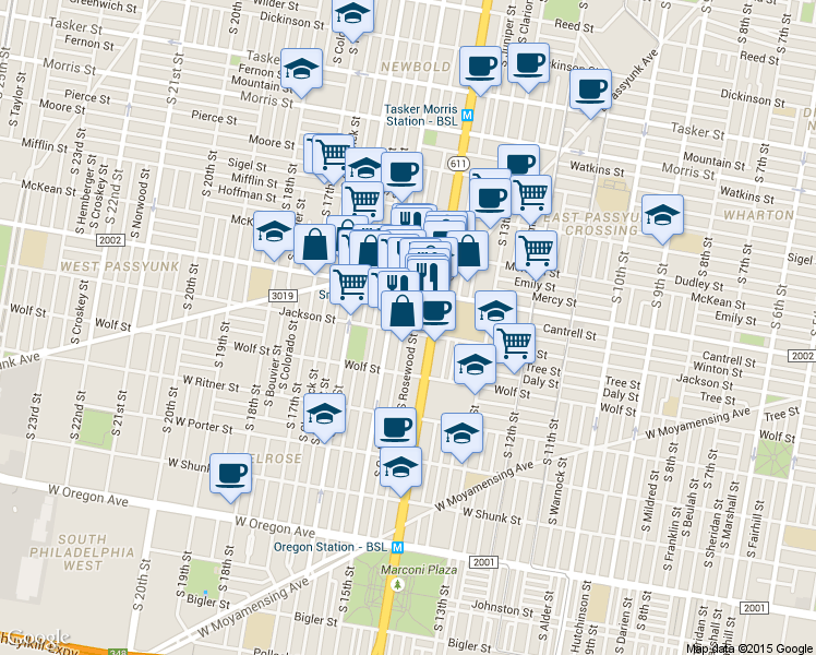 map of restaurants, bars, coffee shops, grocery stores, and more near 2121 South Carlisle Street in Philadelphia