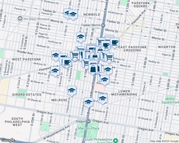 map of restaurants, bars, coffee shops, grocery stores, and more near in Philadelphia