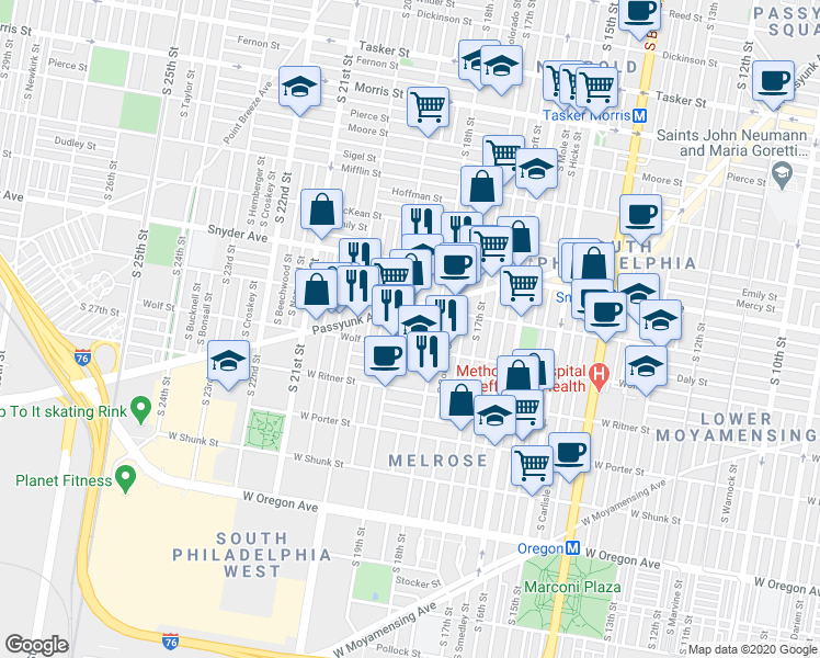 map of restaurants, bars, coffee shops, grocery stores, and more near 1818 Jackson Street in Philadelphia
