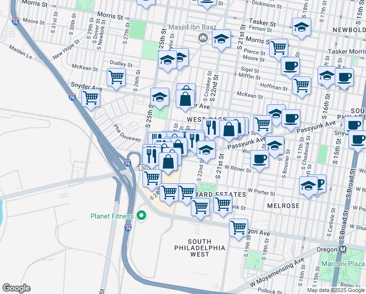map of restaurants, bars, coffee shops, grocery stores, and more near in Philadelphia