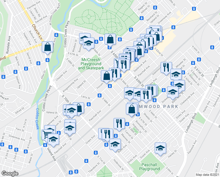 map of restaurants, bars, coffee shops, grocery stores, and more near 6653 Woodland Avenue in Philadelphia