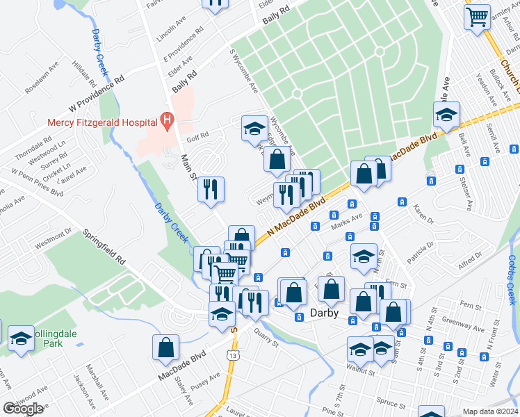 map of restaurants, bars, coffee shops, grocery stores, and more near 106 Weymouth Road in Darby