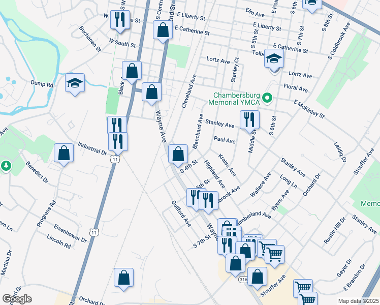 map of restaurants, bars, coffee shops, grocery stores, and more near 924 Blanchard Avenue in Chambersburg