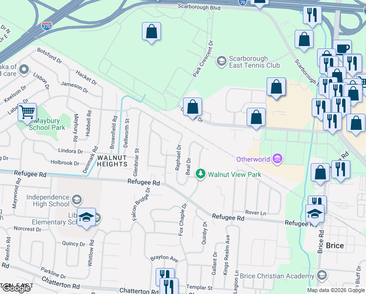 map of restaurants, bars, coffee shops, grocery stores, and more near 2701 Raphael Drive in Columbus