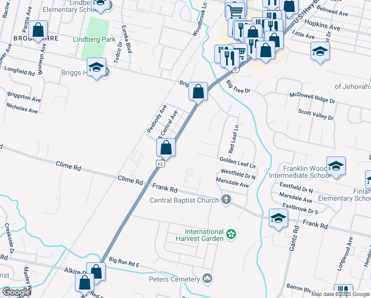 map of restaurants, bars, coffee shops, grocery stores, and more near 1662 Harrisburg Pike in Columbus