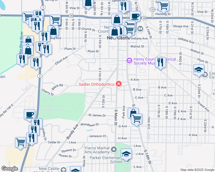 map of restaurants, bars, coffee shops, grocery stores, and more near 800 South 11th Street in New Castle