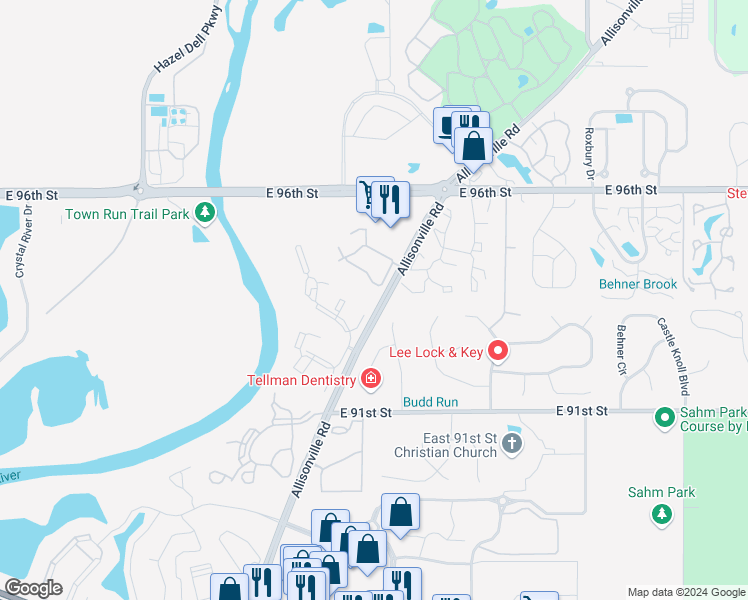 map of restaurants, bars, coffee shops, grocery stores, and more near 5759 River Wood Drive in Indianapolis