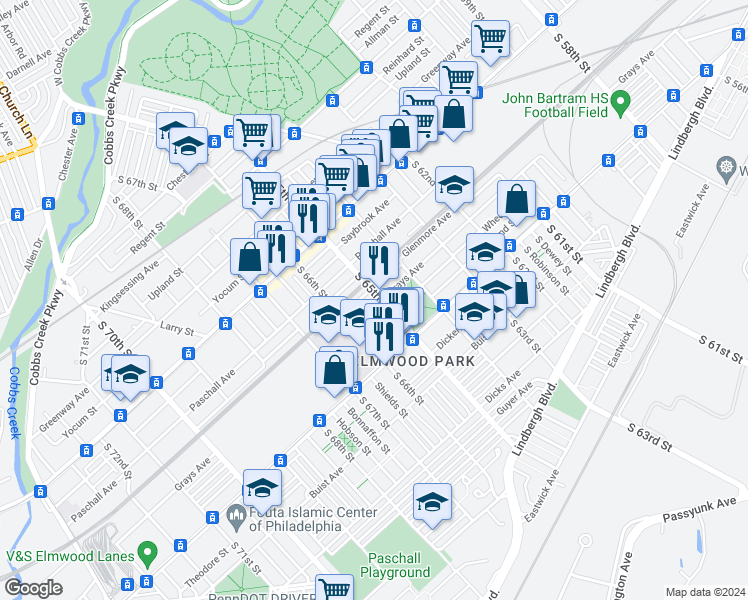 map of restaurants, bars, coffee shops, grocery stores, and more near 6503 Grays Avenue in Philadelphia