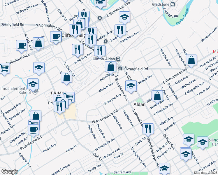 map of restaurants, bars, coffee shops, grocery stores, and more near 126 Merion Avenue in Aldan