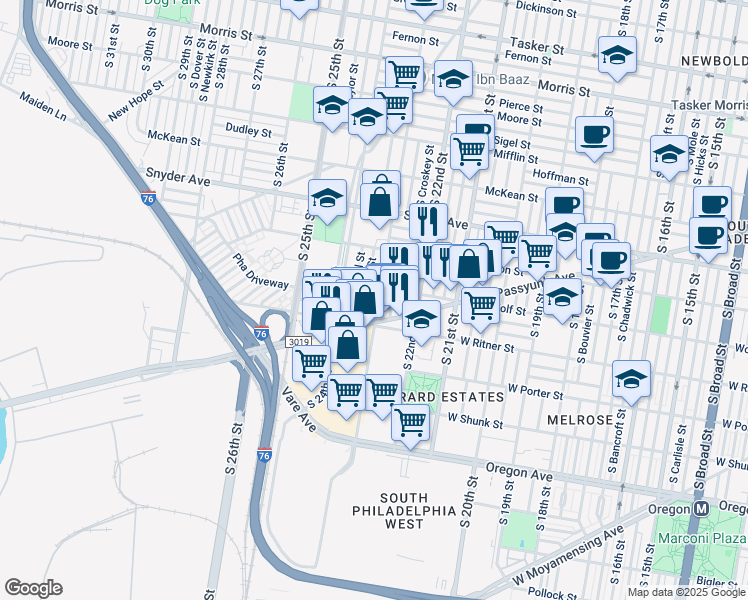map of restaurants, bars, coffee shops, grocery stores, and more near 2316 South 23rd Street in Philadelphia