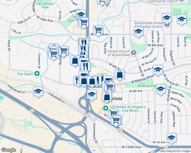 map of restaurants, bars, coffee shops, grocery stores, and more near 68 Garden Center in Broomfield