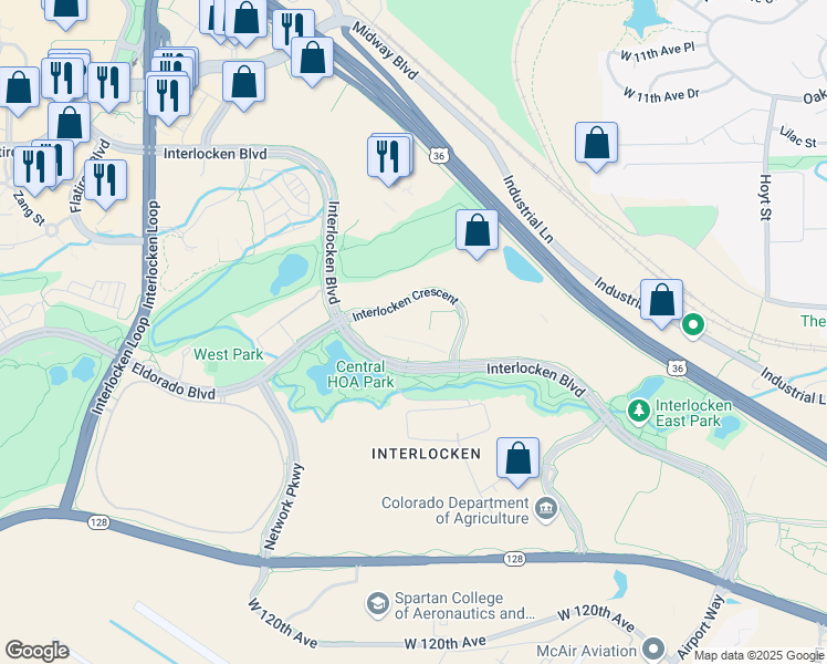 map of restaurants, bars, coffee shops, grocery stores, and more near 385 Interlocken Crescent in Broomfield