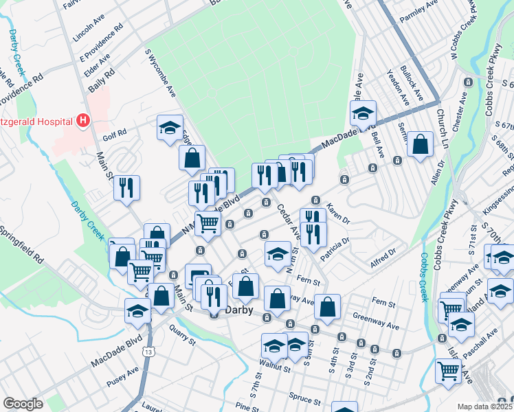map of restaurants, bars, coffee shops, grocery stores, and more near 323 North 10th Street in Darby