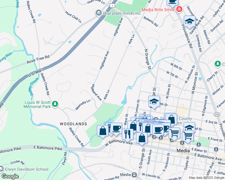 map of restaurants, bars, coffee shops, grocery stores, and more near 454 Kirk Lane in Media