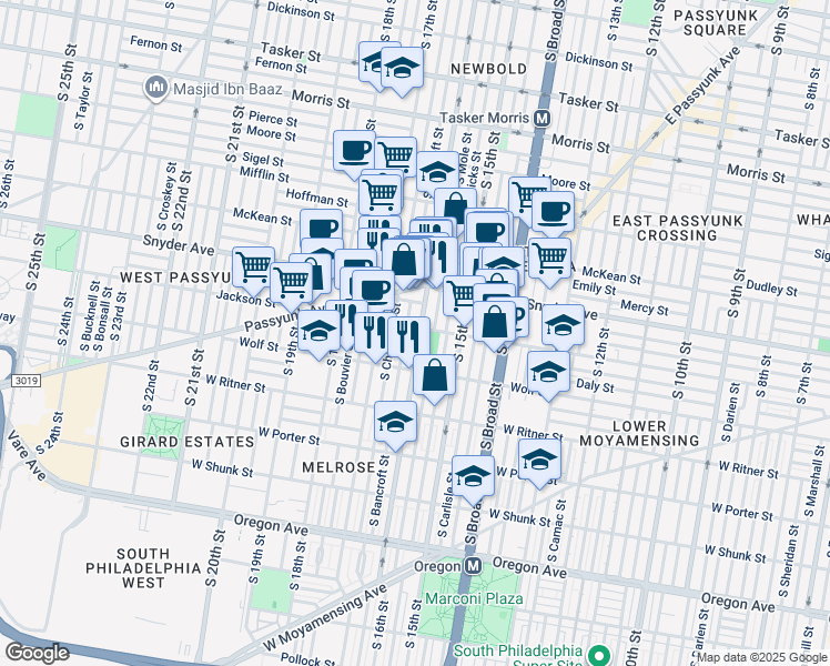 map of restaurants, bars, coffee shops, grocery stores, and more near 1602 Jackson Street in Philadelphia