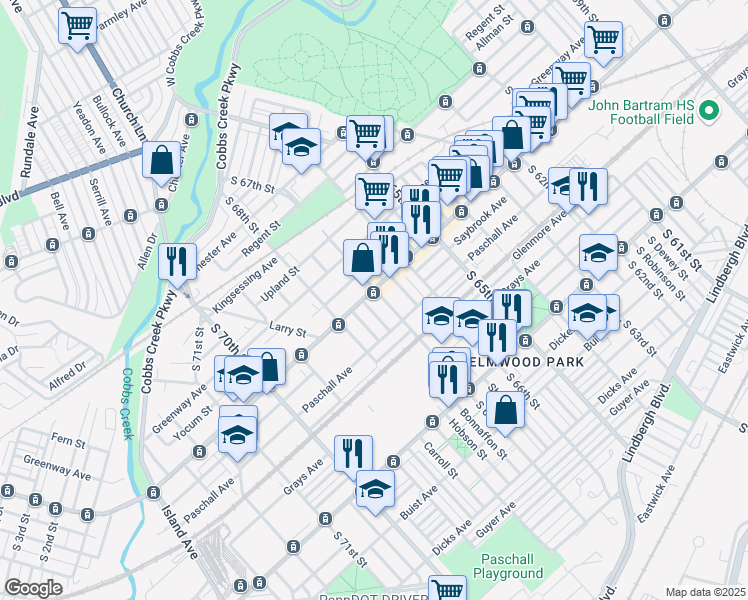 map of restaurants, bars, coffee shops, grocery stores, and more near 6706 Woodland Avenue in Philadelphia