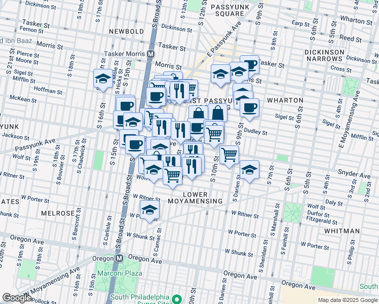 map of restaurants, bars, coffee shops, grocery stores, and more near 1125 Cantrell Street in Philadelphia