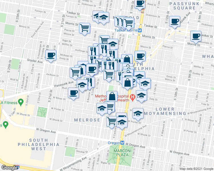 map of restaurants, bars, coffee shops, grocery stores, and more near 1602 Jackson Street in Philadelphia