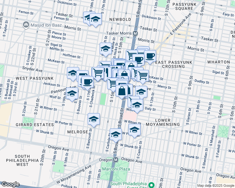 map of restaurants, bars, coffee shops, grocery stores, and more near 2121 South Carlisle Street in Philadelphia