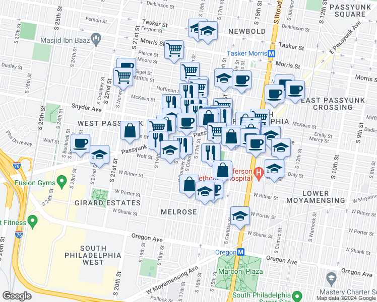 map of restaurants, bars, coffee shops, grocery stores, and more near 2216 South Colorado Street in Philadelphia