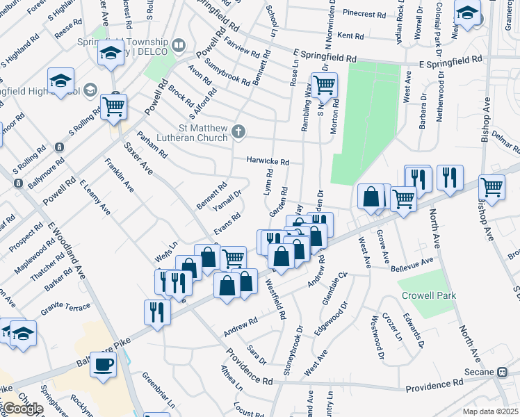 map of restaurants, bars, coffee shops, grocery stores, and more near 360 Lynn Road in Springfield