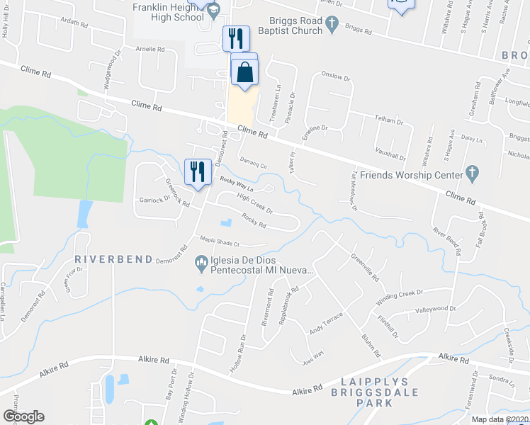 map of restaurants, bars, coffee shops, grocery stores, and more near 3511 High Creek Drive in Columbus