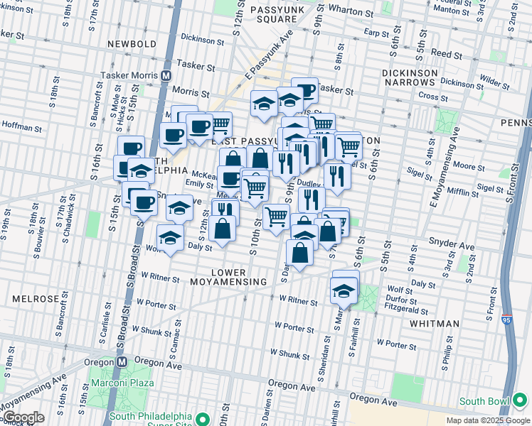 map of restaurants, bars, coffee shops, grocery stores, and more near 946 Snyder Avenue in Philadelphia