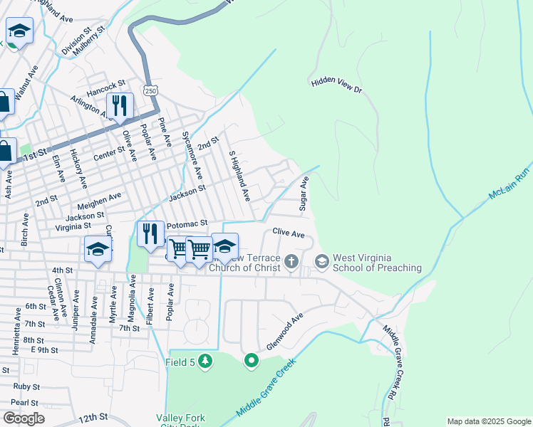 map of restaurants, bars, coffee shops, grocery stores, and more near 114-162 Harmony Dr in Moundsville