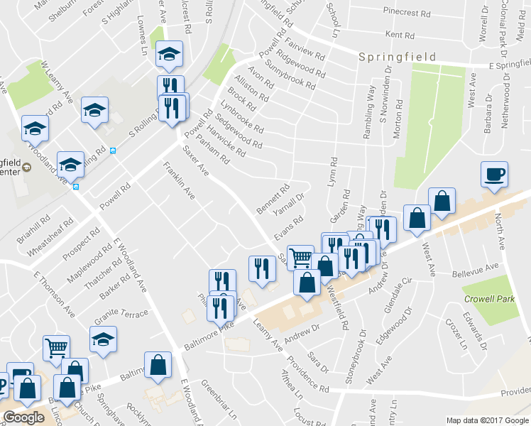 map of restaurants, bars, coffee shops, grocery stores, and more near 379 Bennett Road in Springfield
