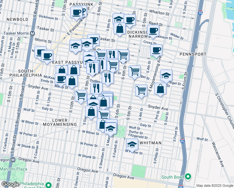 map of restaurants, bars, coffee shops, grocery stores, and more near 612 Emily Street in Philadelphia