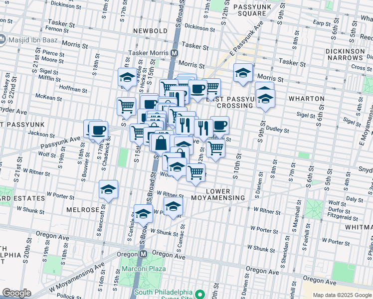 map of restaurants, bars, coffee shops, grocery stores, and more near 2125 South 13th Street in Philadelphia