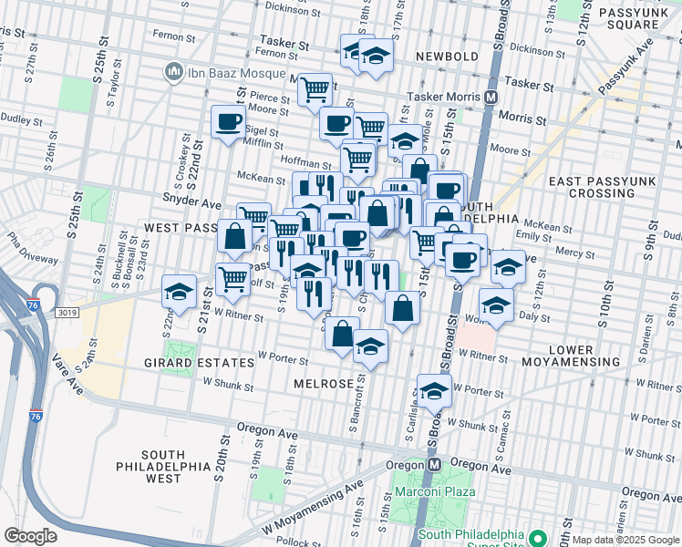 map of restaurants, bars, coffee shops, grocery stores, and more near 1719 Jackson Street in Philadelphia