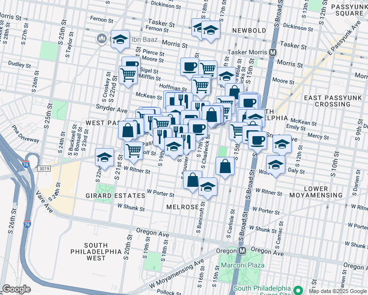 map of restaurants, bars, coffee shops, grocery stores, and more near 2221 South 18th Street in Philadelphia