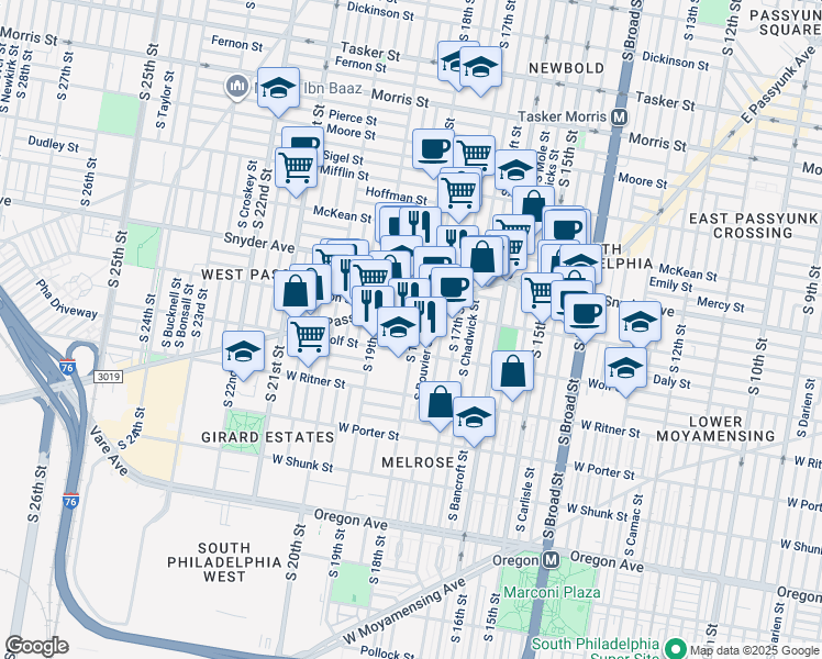 map of restaurants, bars, coffee shops, grocery stores, and more near 1800 Tree Street in Philadelphia