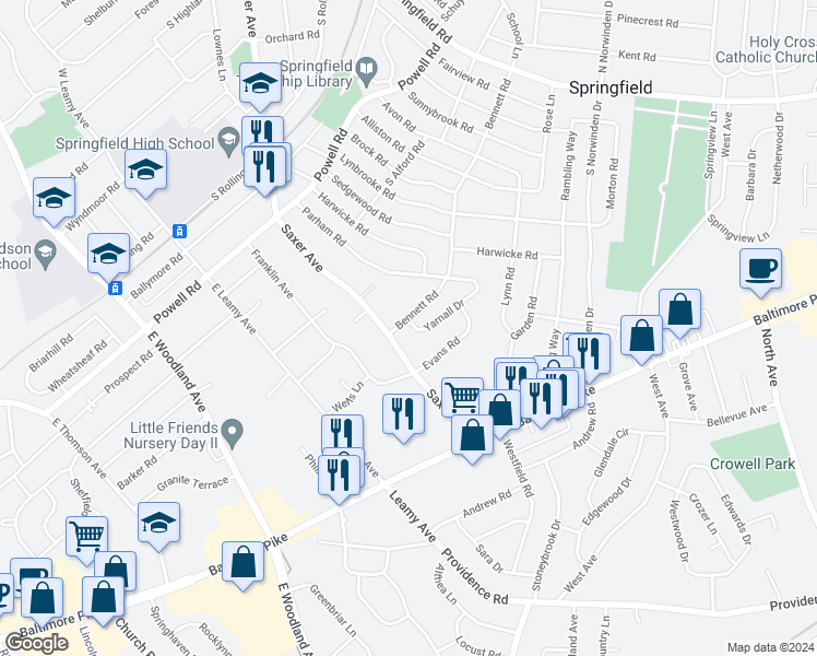 map of restaurants, bars, coffee shops, grocery stores, and more near 379 Bennett Road in Springfield