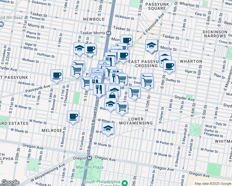 map of restaurants, bars, coffee shops, grocery stores, and more near 2125 South 13th Street in Philadelphia