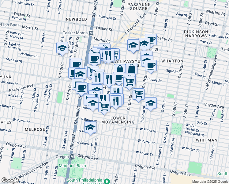 map of restaurants, bars, coffee shops, grocery stores, and more near 1125 Cantrell Street in Philadelphia