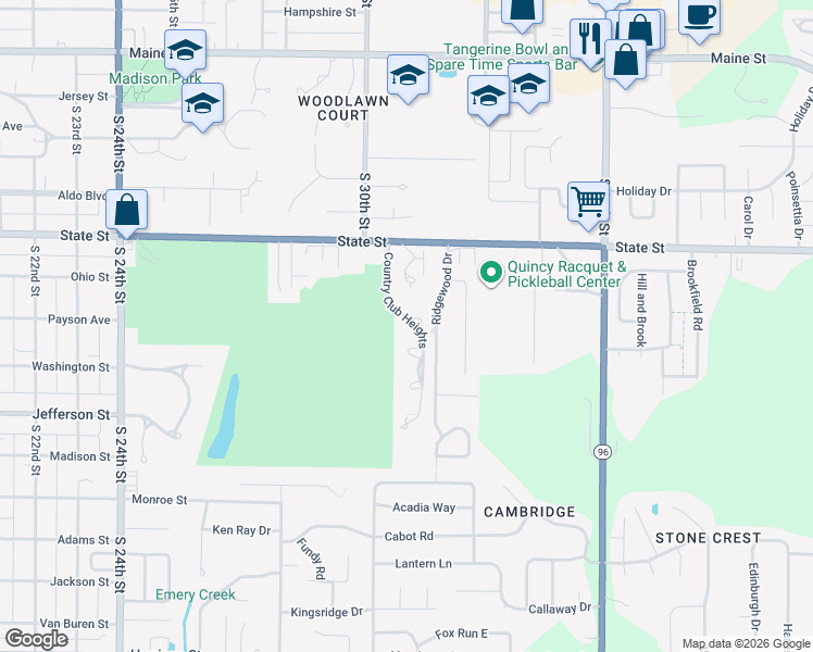 map of restaurants, bars, coffee shops, grocery stores, and more near 636 Country Club Heights in Quincy