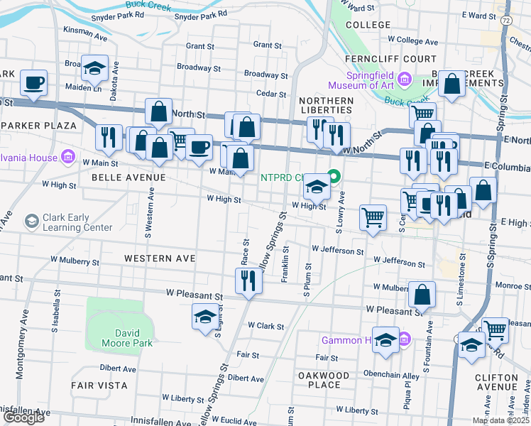 map of restaurants, bars, coffee shops, grocery stores, and more near 524 West Washington Street in Springfield