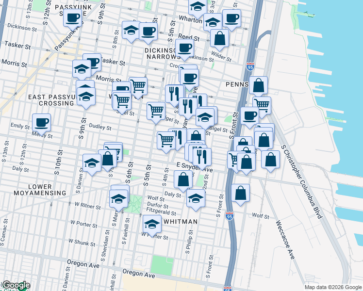 map of restaurants, bars, coffee shops, grocery stores, and more near 1923 South Galloway Street in Philadelphia