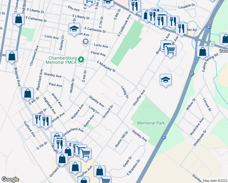 map of restaurants, bars, coffee shops, grocery stores, and more near 727 Orchard Court in Chambersburg