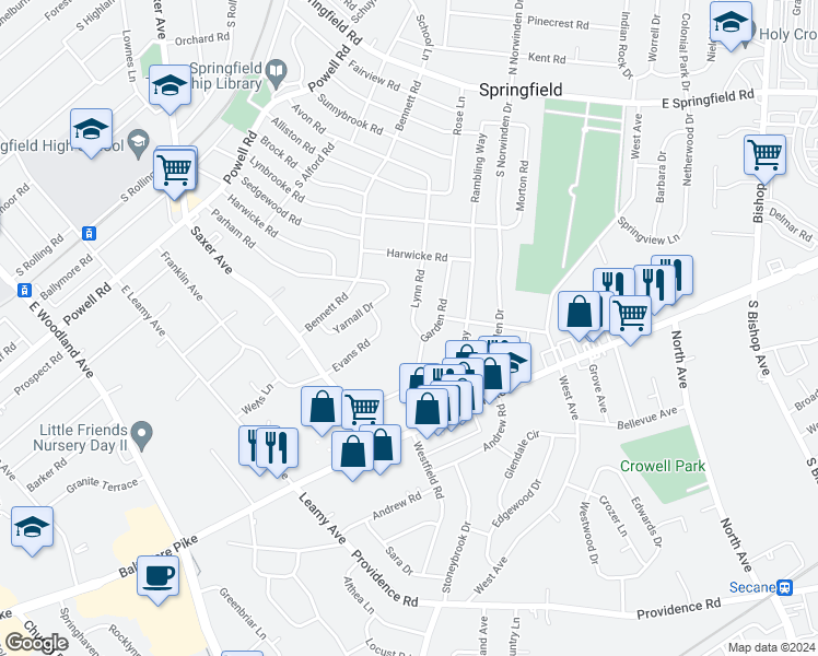 map of restaurants, bars, coffee shops, grocery stores, and more near 360 Lynn Road in Springfield