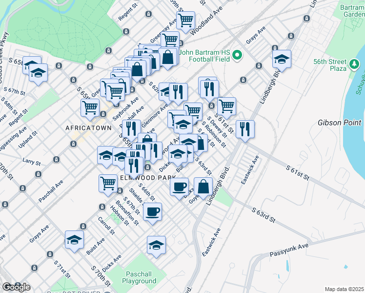 map of restaurants, bars, coffee shops, grocery stores, and more near 2526 South 63rd Street in Philadelphia