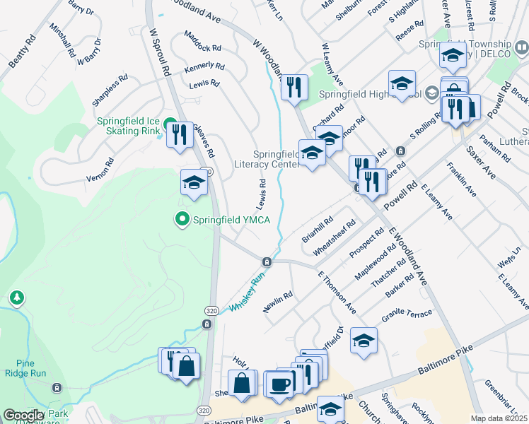 map of restaurants, bars, coffee shops, grocery stores, and more near 227 Lewis Road in Springfield