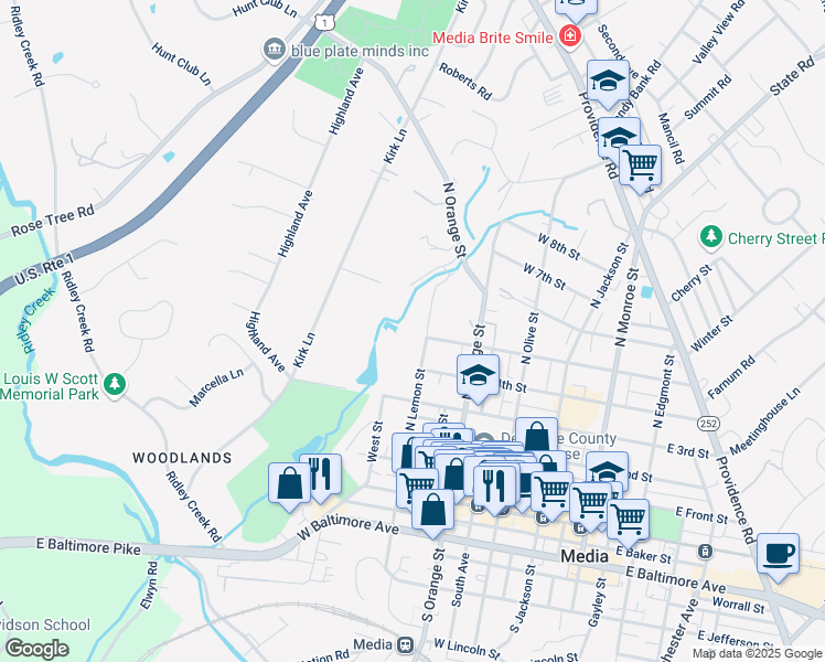 map of restaurants, bars, coffee shops, grocery stores, and more near 500 North Lemon Street in Media