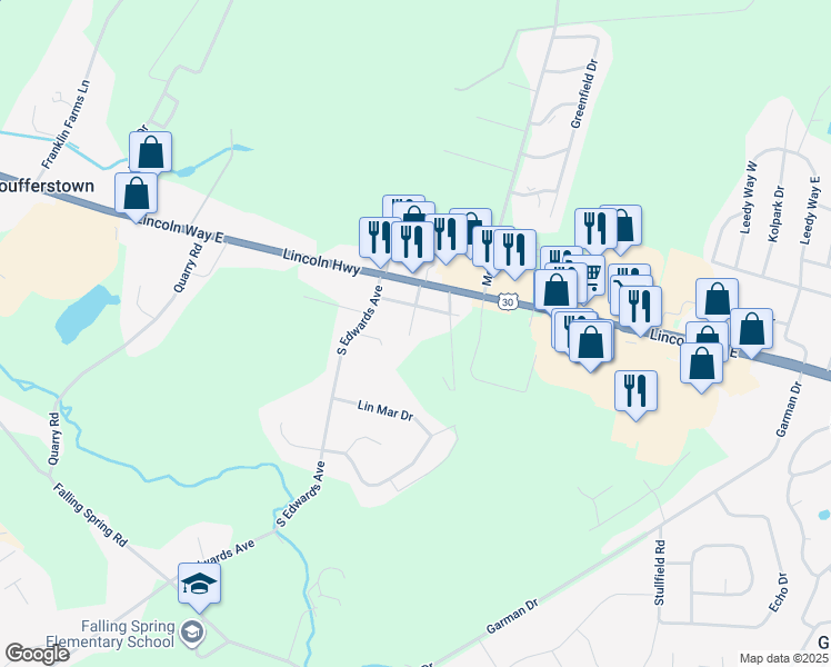 map of restaurants, bars, coffee shops, grocery stores, and more near 58 Keystone Avenue in Chambersburg