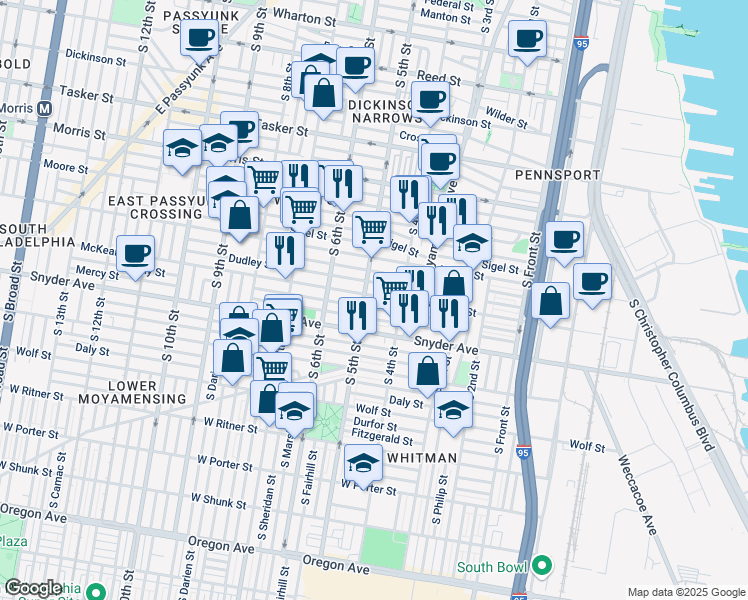 map of restaurants, bars, coffee shops, grocery stores, and more near 434 McKean Street in Philadelphia