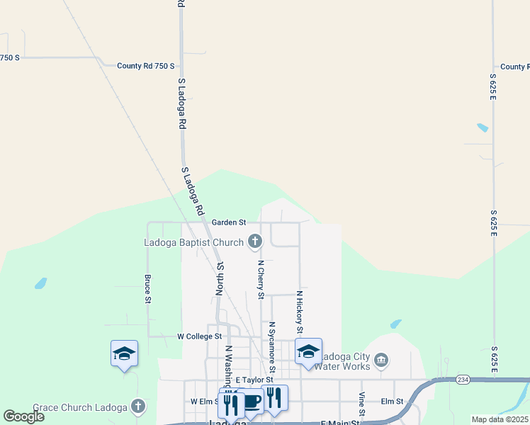 map of restaurants, bars, coffee shops, grocery stores, and more near 790 Northern Acres Drive in Ladoga