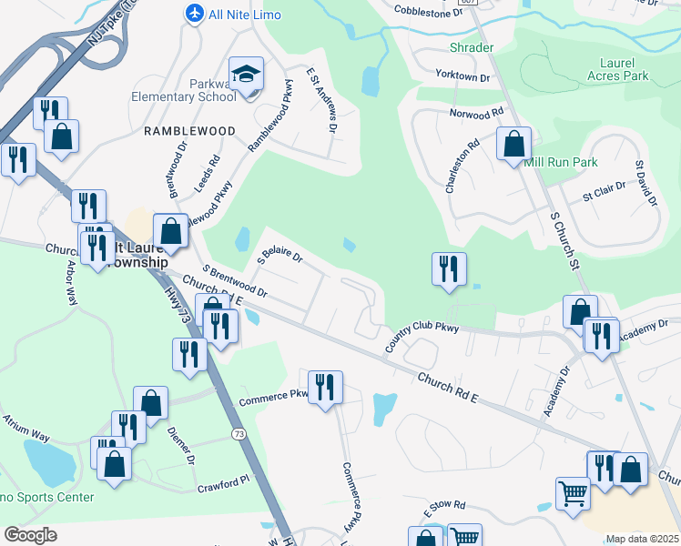 map of restaurants, bars, coffee shops, grocery stores, and more near 1107 Augusta Circle in Mount Laurel Township