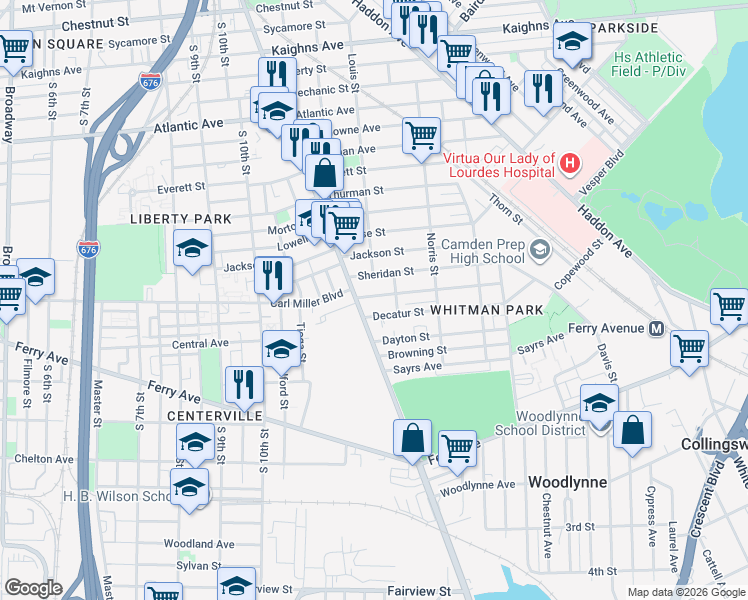 map of restaurants, bars, coffee shops, grocery stores, and more near 1229 Carl Miller Boulevard in Camden